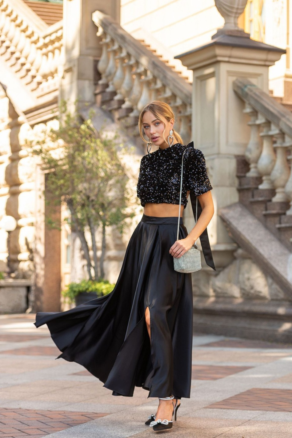 Sisakphoto™-Sequin bow cropped top slit skirt suit