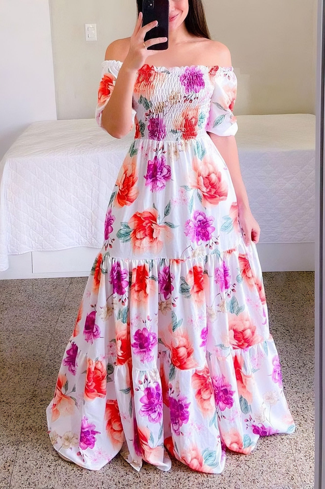 One-shoulder floral off-shoulder long printed dress