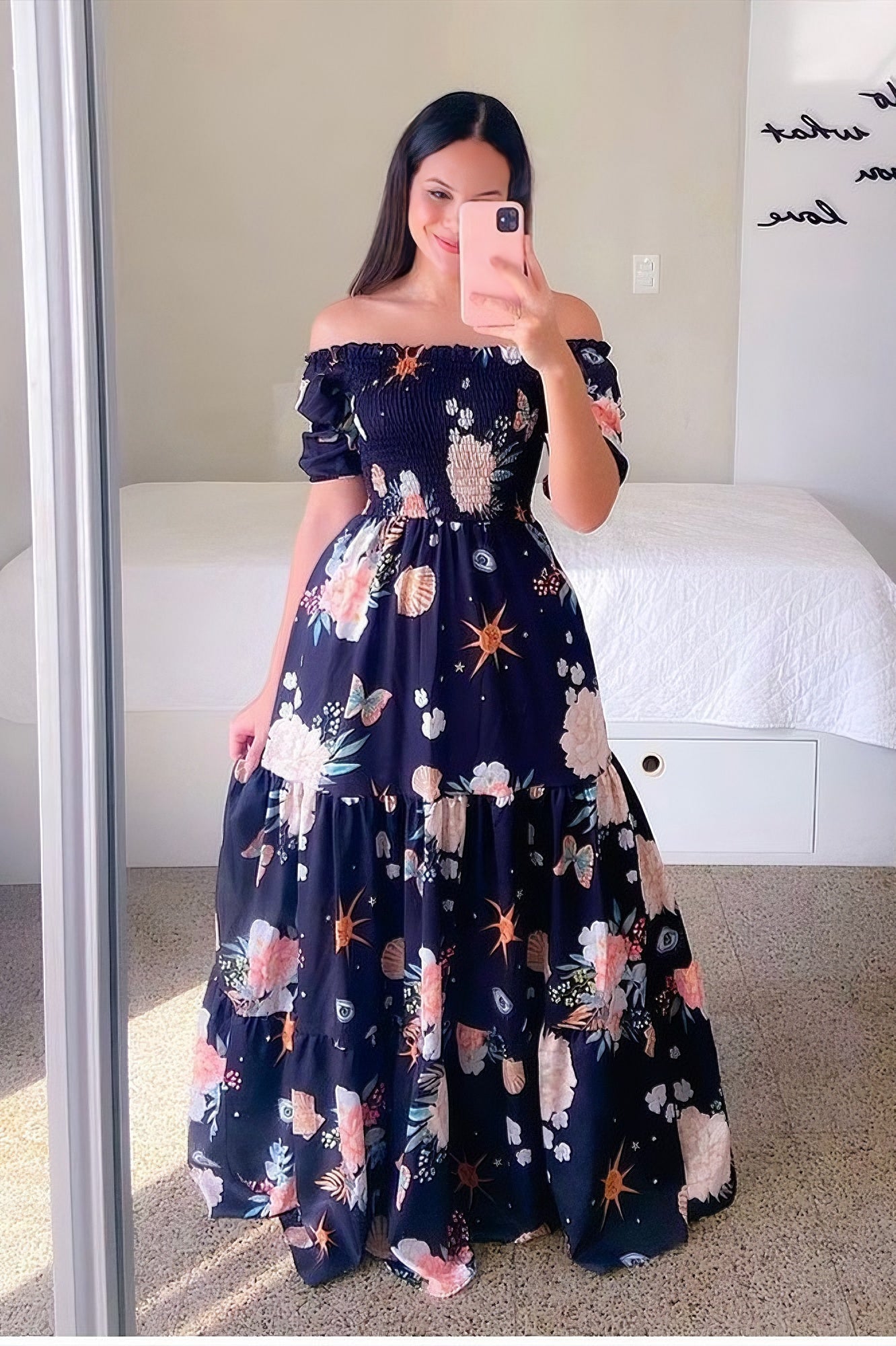 One-shoulder floral off-shoulder long printed dress