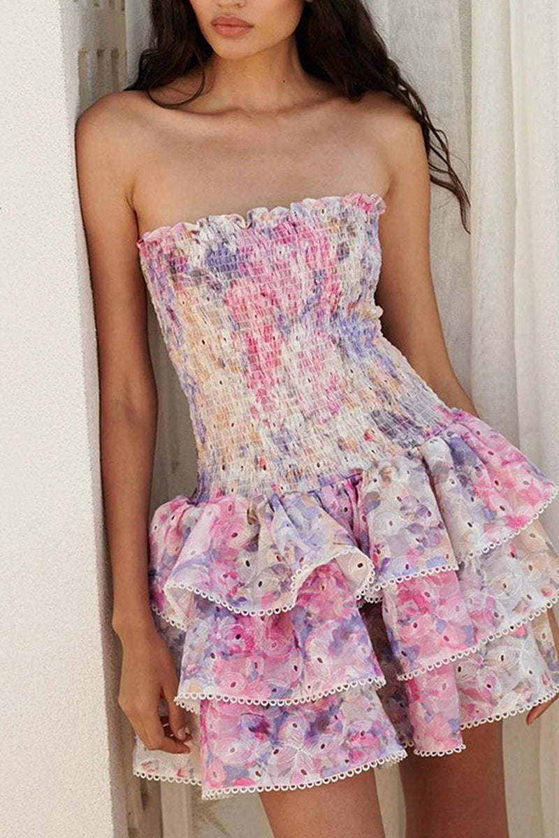 Strapless cake dress, slim fit backless floral dress