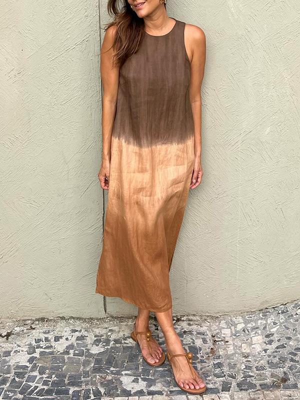 [Same Day Delivery]Women's casual cotton and linen sleeveless slit gradient tie-dye long dress