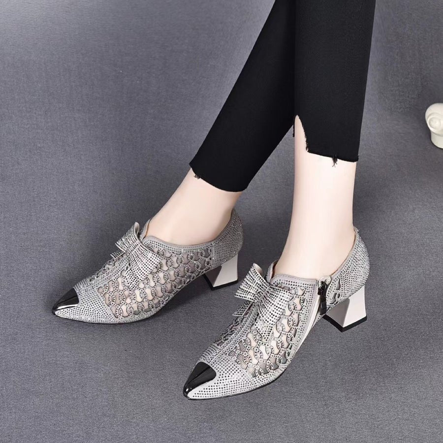 2024 summer casual  Rhinestone hollow chunky heel shoes and new belt buckle solid color plus size women's sandals