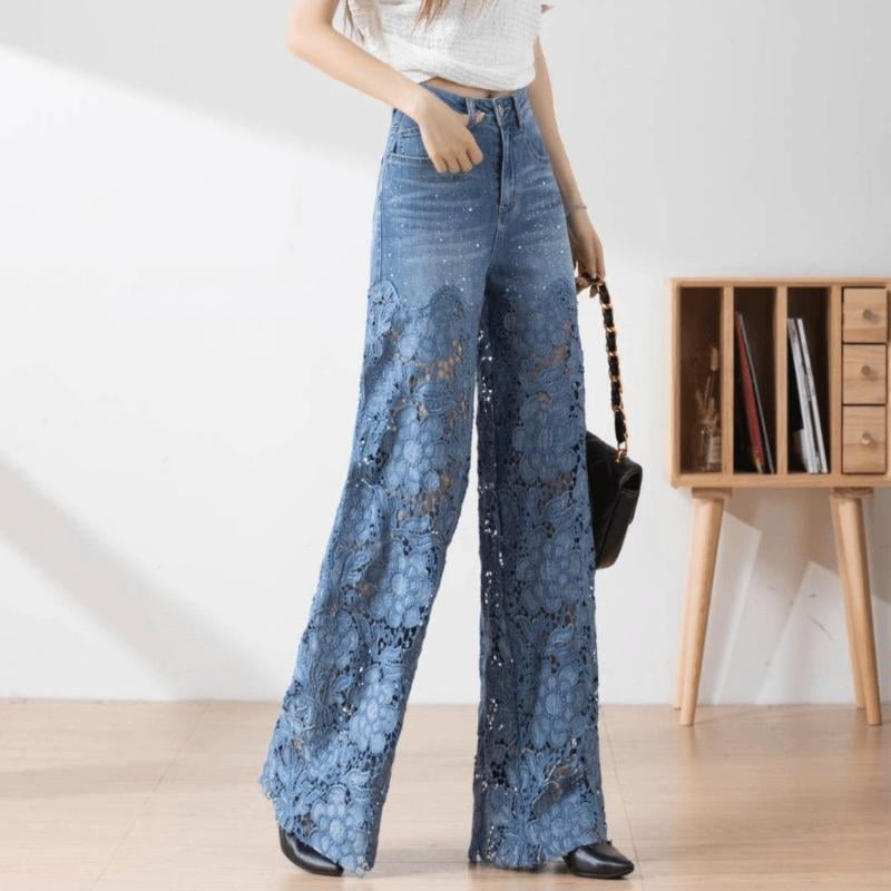 Handmade Hollow Lace Patchwork Jeans