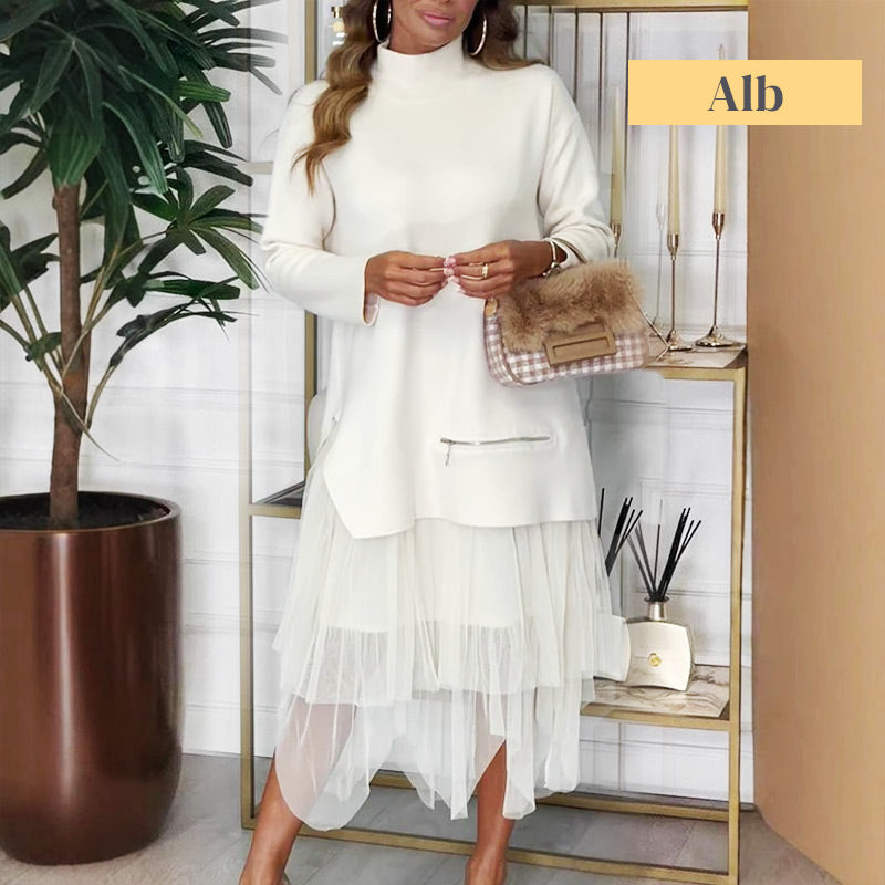 Two-Piece Set: Long Sleeve Top and Tulle Skirt for Women