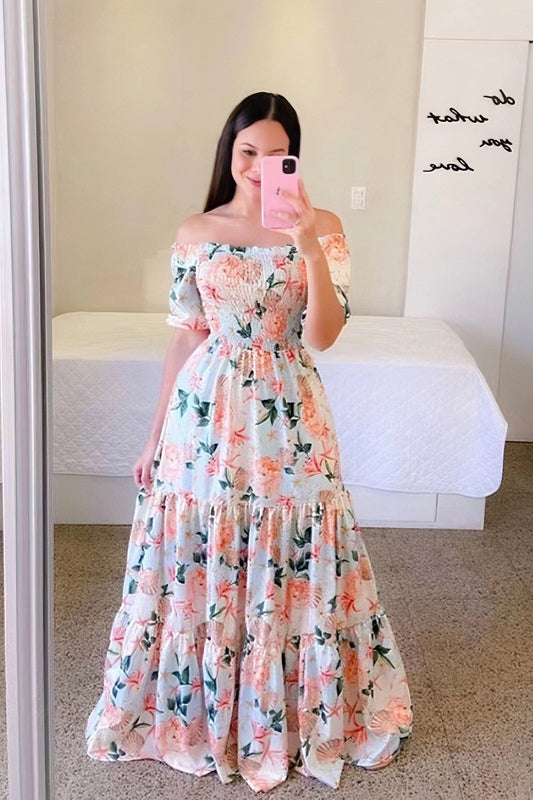 One-shoulder floral off-shoulder long printed dress