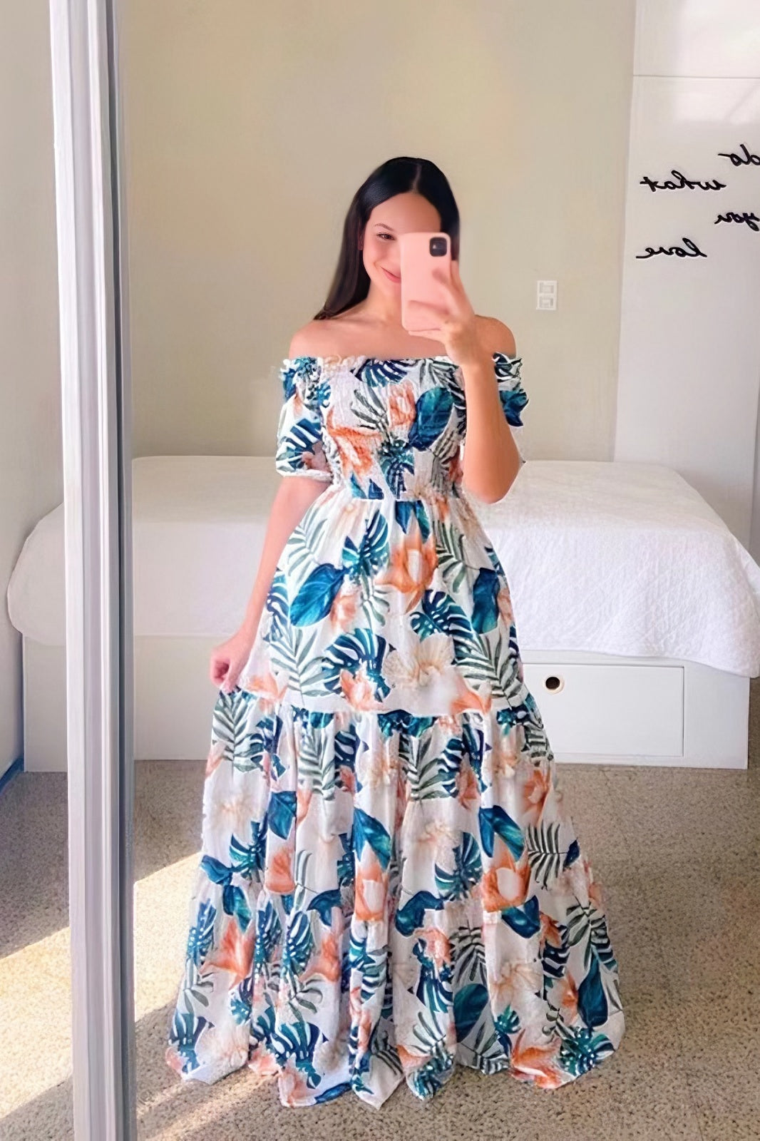 One-shoulder floral off-shoulder long printed dress