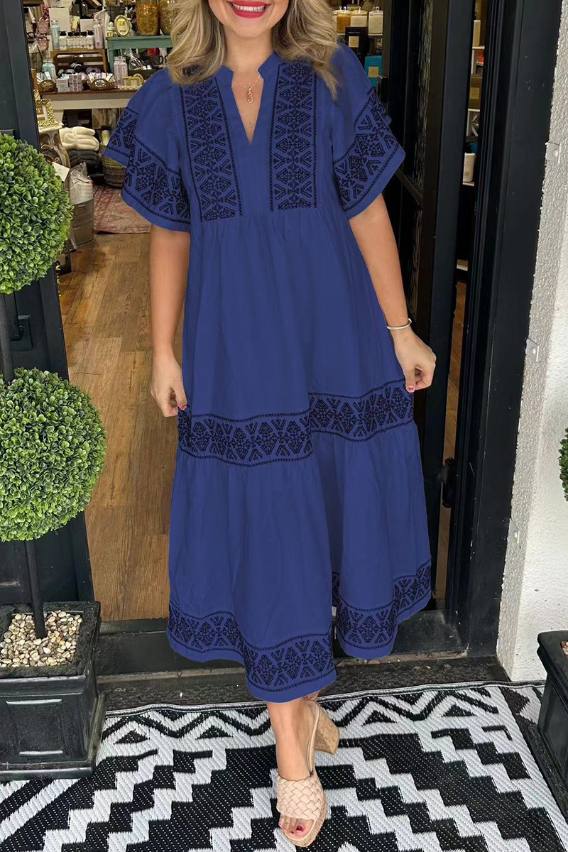 Geometric print patchwork V-neck A-line short-sleeved dress