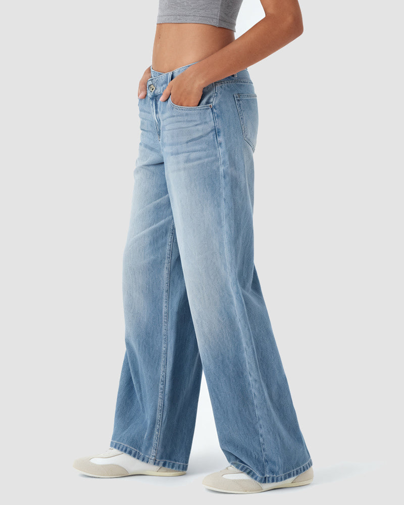 Asymmetric Low Rise Zipper Pockets Baggy Wide Leg Washed Casual Jeans