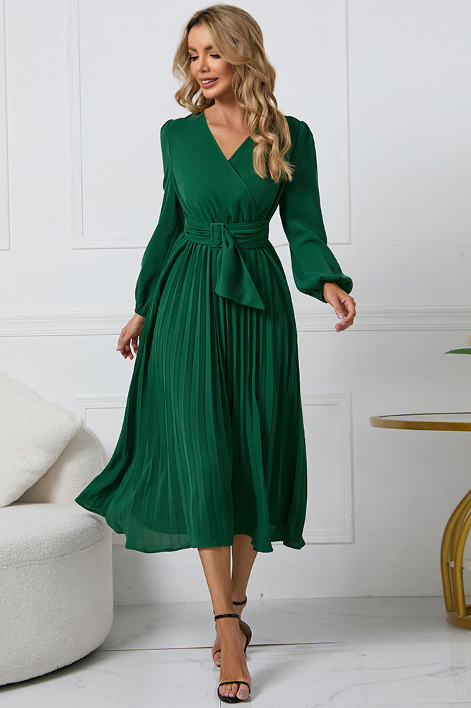 Slim fit pleated belted V-neck dress