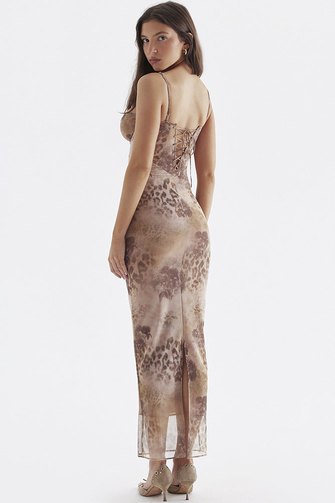 Sisakphoto™-Printed suspender backless slit floral dress