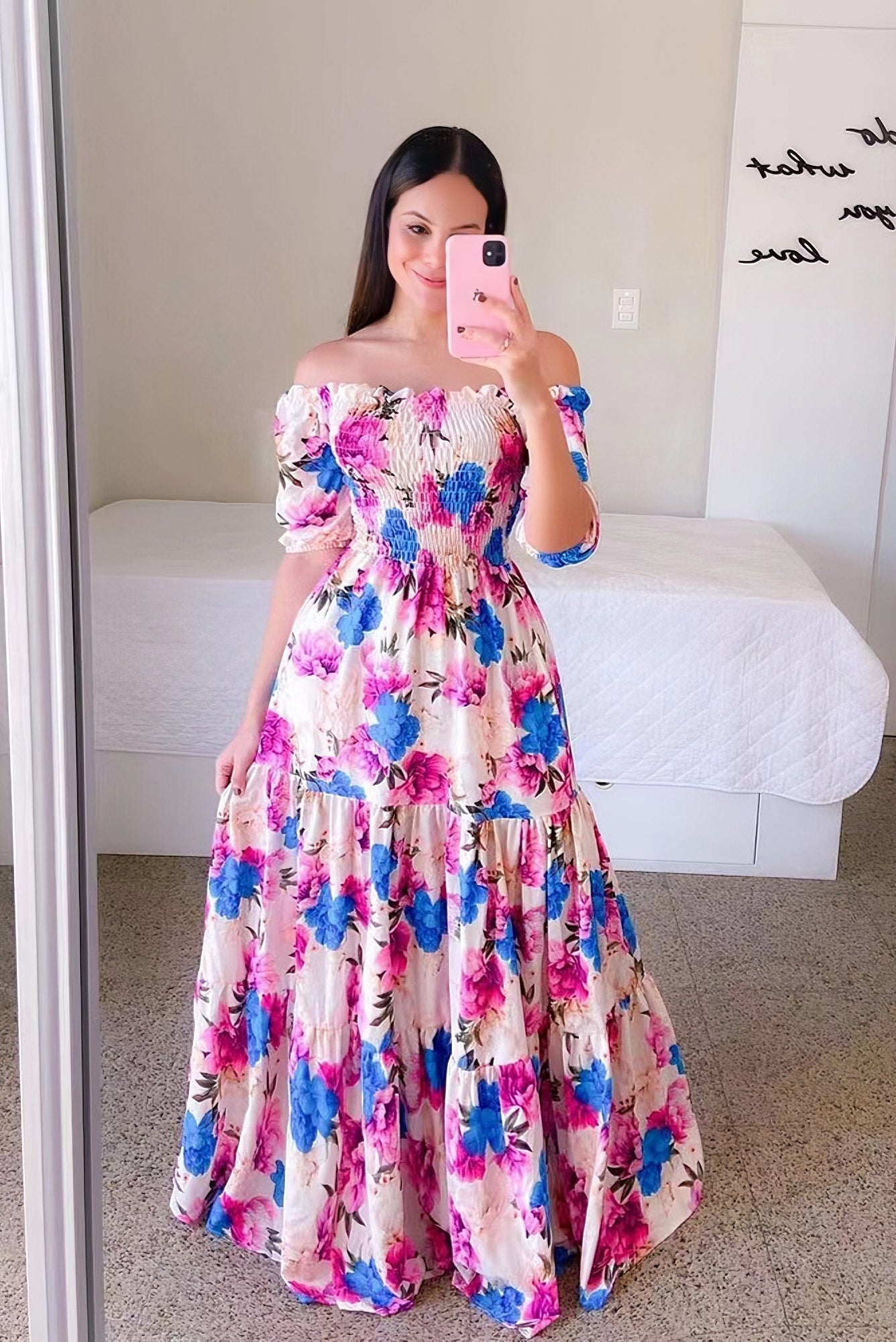 One-shoulder floral off-shoulder long printed dress