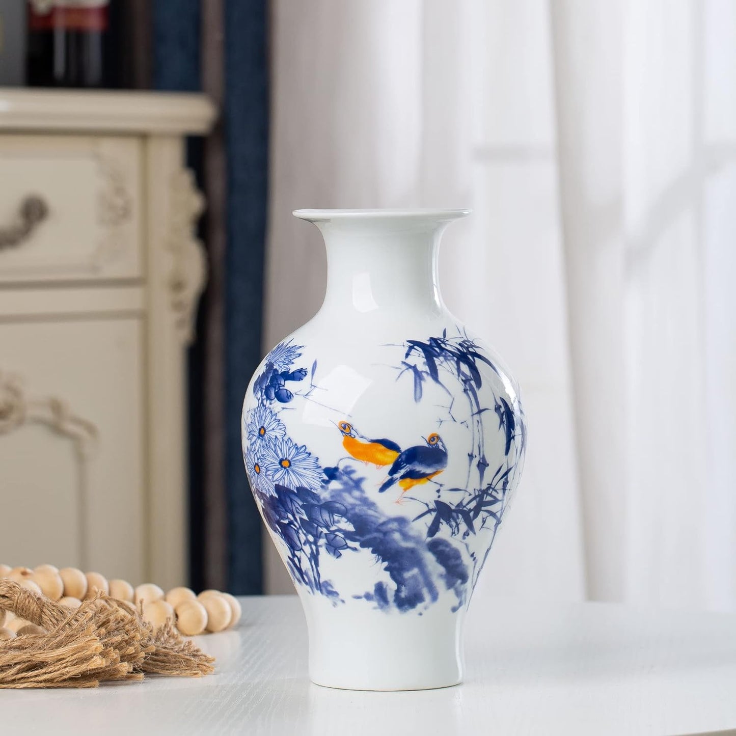 White Porcelain Vase Chinoiserie for Flowers Ceramic Boho Modern Small Shelf Decor Accents Living Room Jingdezhen Rustic Table Fireplace Farmhouse Objects Long Egg Shell Jar Gifts