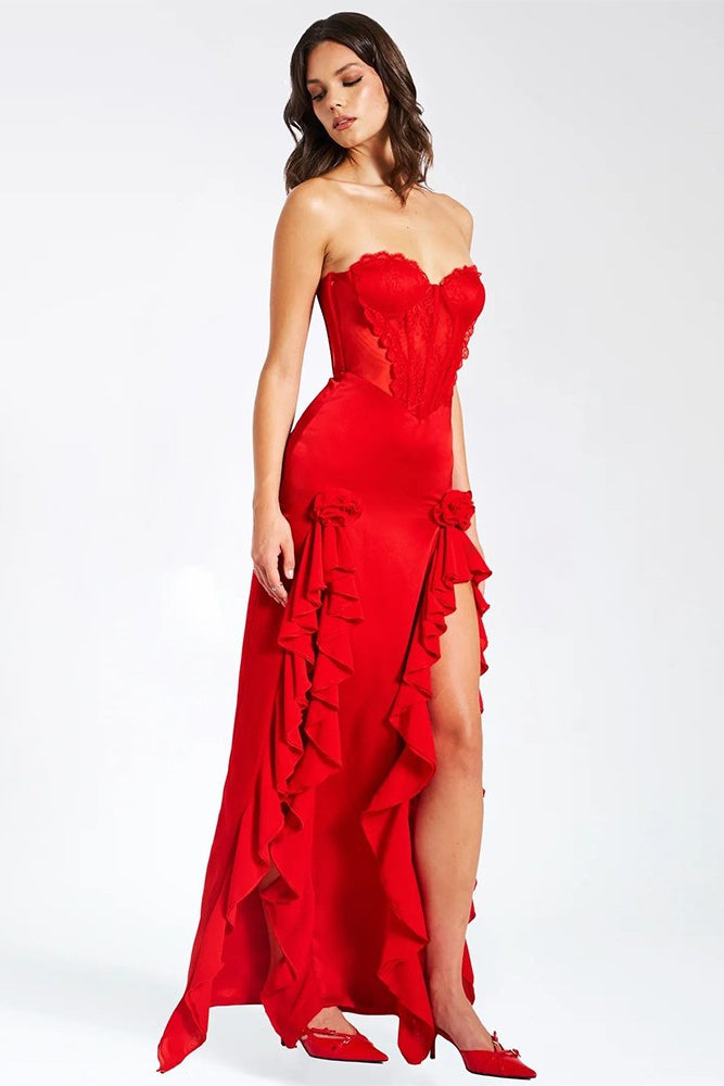 Sisakphoto™-Strapless dress ruffled slimming high slit evening dress
