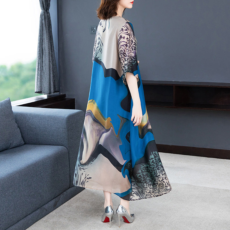 Retro literary summer print temperament is thin and irregular Tencel midi skirt