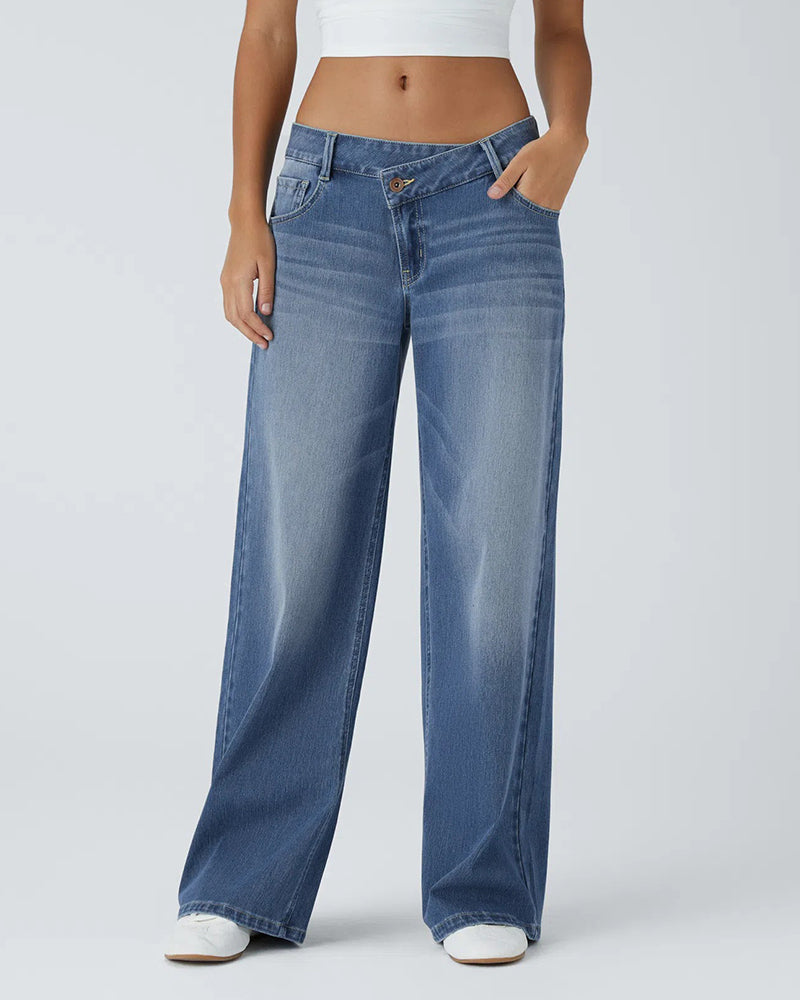 Asymmetric Low Rise Zipper Pockets Baggy Wide Leg Washed Casual Jeans