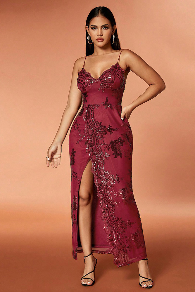 Sequined slit skirt hip-hugging sexy evening dress