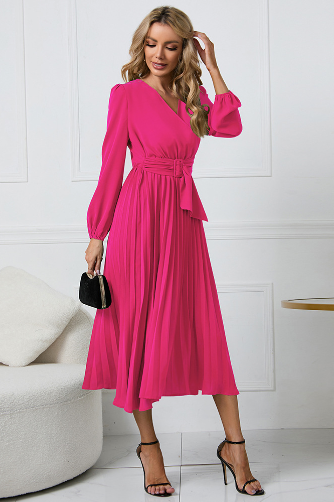 Slim fit pleated belted V-neck dress