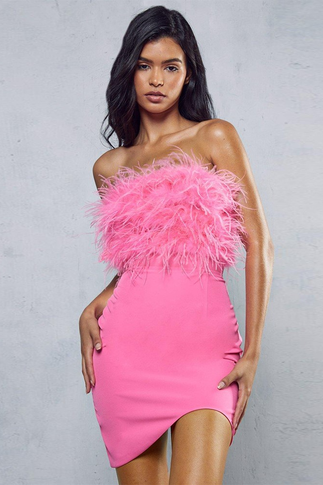 Sisakphoto™-Backpack exposed ostrich feather fringed tube top dress