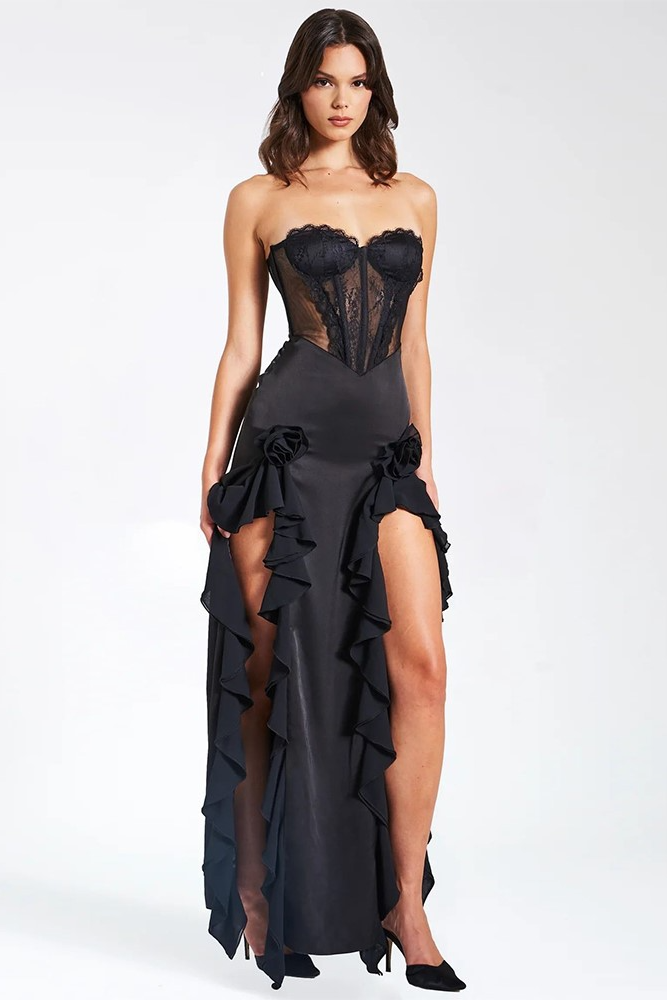 Sisakphoto™-Strapless dress ruffled slimming high slit evening dress
